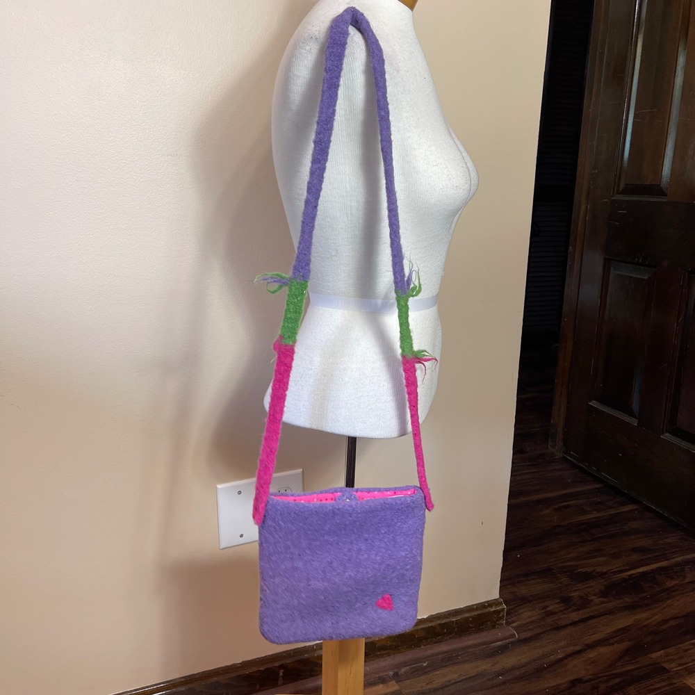 Handmade Purple Boiled Wool Felted  Sequin Heart Crossbody Bag Messenger